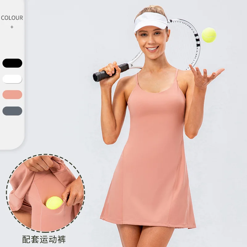 High Elastic Quick Dry Spaghetti Straps Tennis Sports Dress with Shorts Women Golf Active Wear Outfit Fitness Gym Yoga Tracksuit