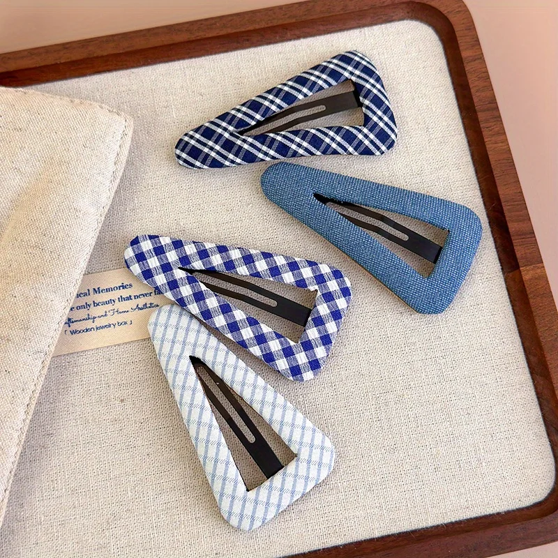 Pinza de pelo triangular a cuadros azules para mujer, pinza para el pelo para bebé, flequillo lateral, accesorio elegante para el cabello