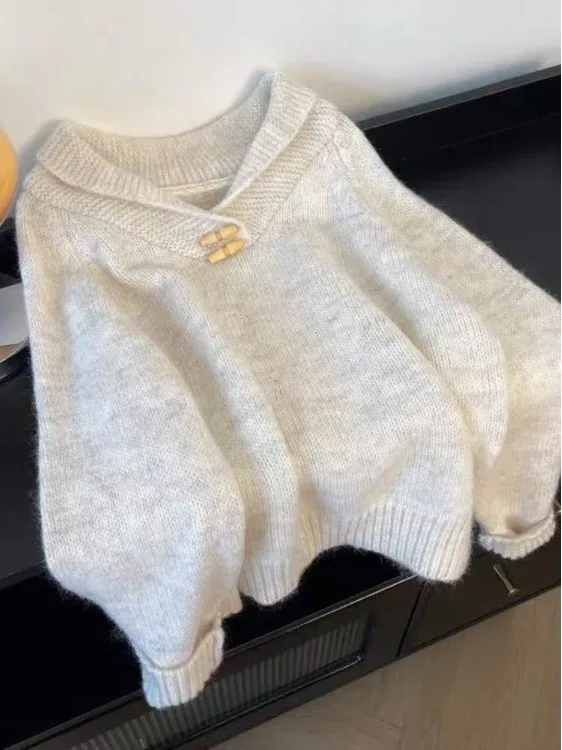 

Women's Knitted Sweater with Horn Buttons Collared Slim Fit Korean Sle Long Sve Loose Fit oulder High End Feeling Top