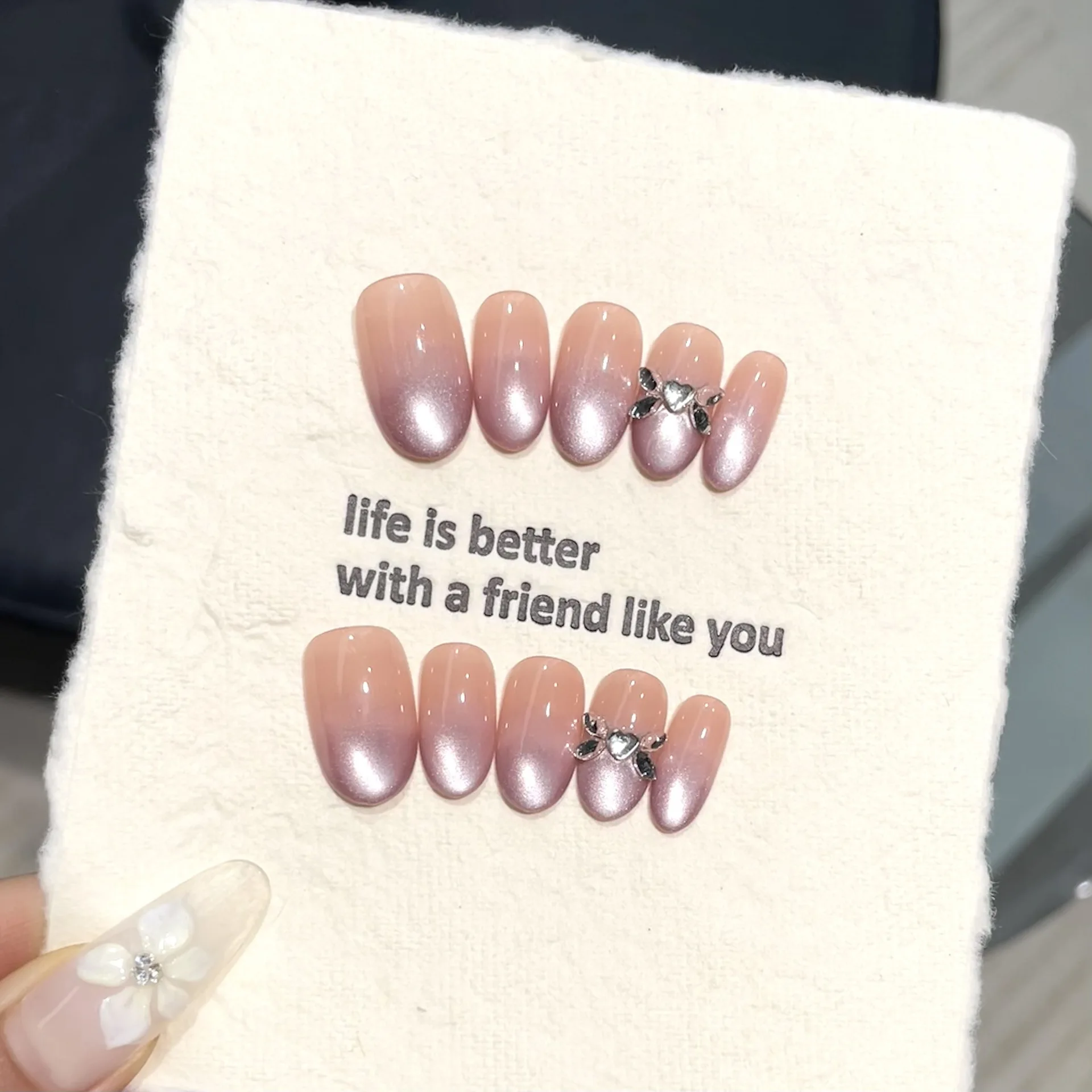 10pcs Handmade French Short Oval Press on Nail Shiny Purple Cat Eye Gradient Design Sweet False Nails Wearable Nail Art Tip Girl