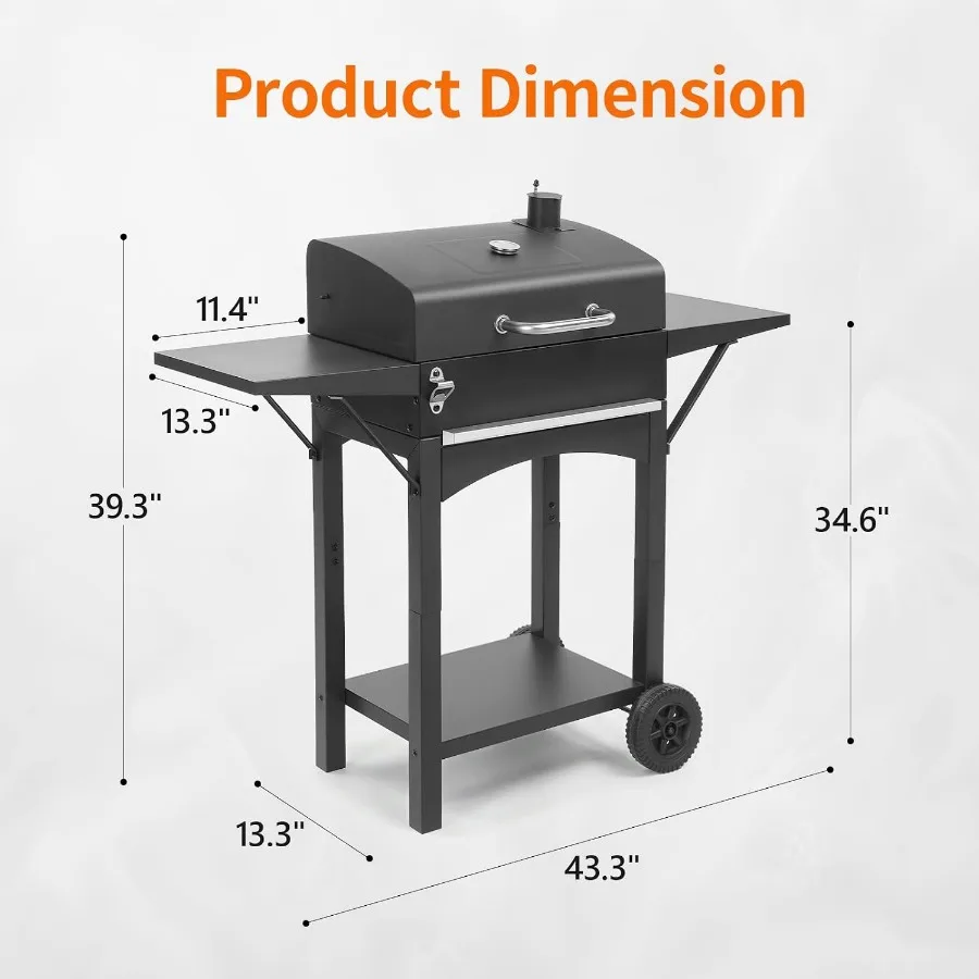 Charcoal Grill with 2 Side Tables, BBQ Grill with Lid and Chimney