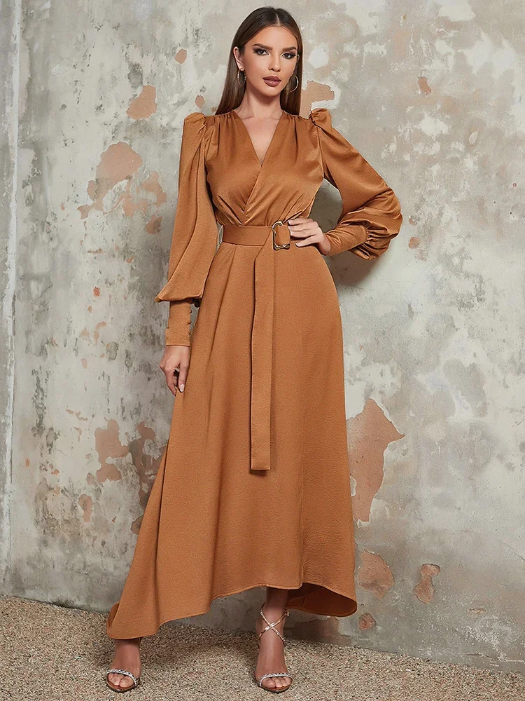 

Elegant Long Lantern Sleeve V Neck Women Maxi Dresses Camel with Belt Ruched A-line Slim Celebrity Evening Party Club Dress