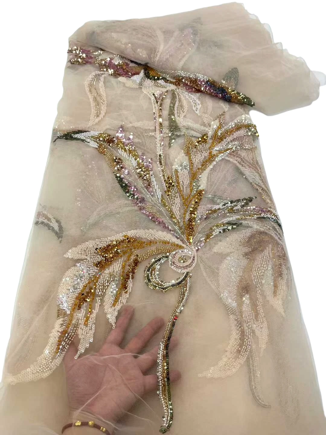Elegante tessuto di pizzo con paillettes a rete morbida e pesante di qualità superiore con pietre per abiti classici da sposa e da festa U_Ge3568