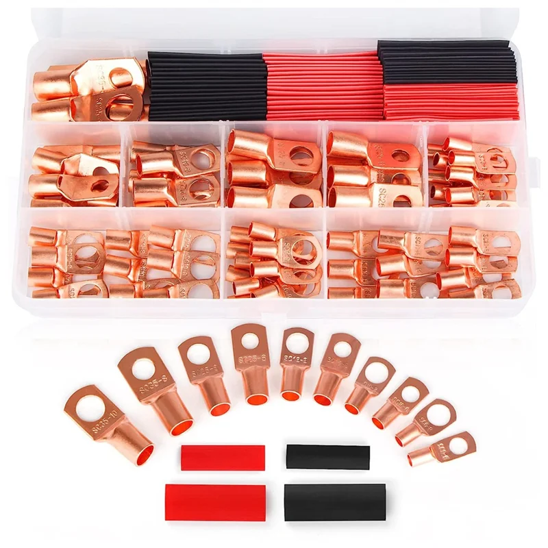 130PCS Copper Wire Lugs,Terminal Connectors,Used on AWG12 10 8 6 4 2 Cable,Heat Shrink Set,Ring Terminals Connectors