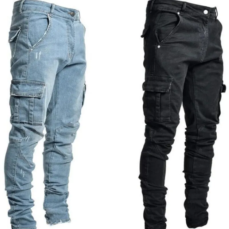 Heren Jeans Effen Kleur Casual Broek Versleten Grote Maat Niet-Vervagende Kleding Slim Fit Strakke Micro-Elastische Lading Vet