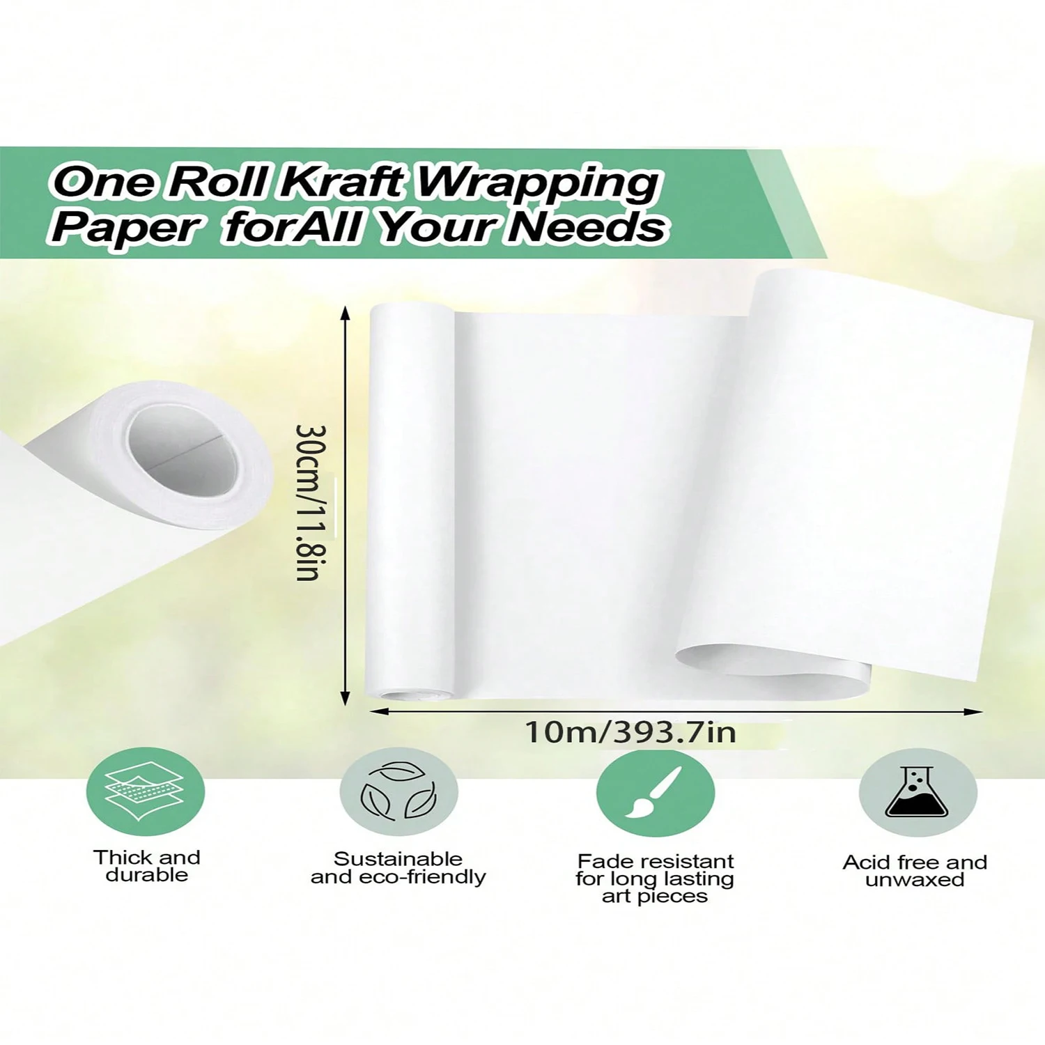 1 roll- White kraft paper rolls, Industrial grade kraft paper rolls, White Easel paper rolls, Gift wrap, wall art, Tablecloths,