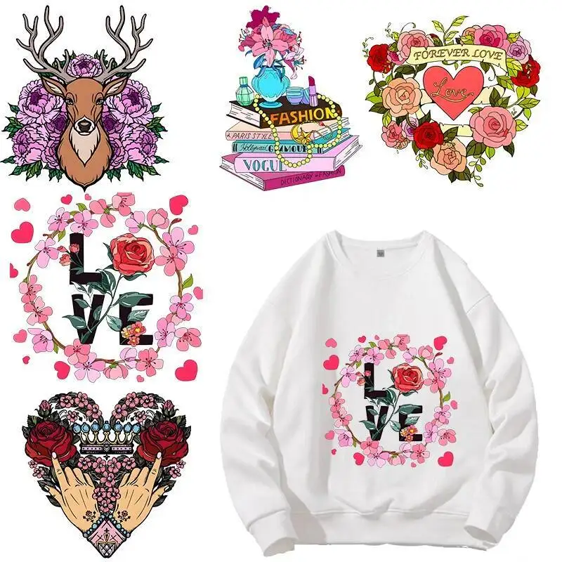 

LOVE Heart Wreaths for girls Lingerie vest DTF Heat Transfer Print Fashion Rose Letter Flower Iron on Patch