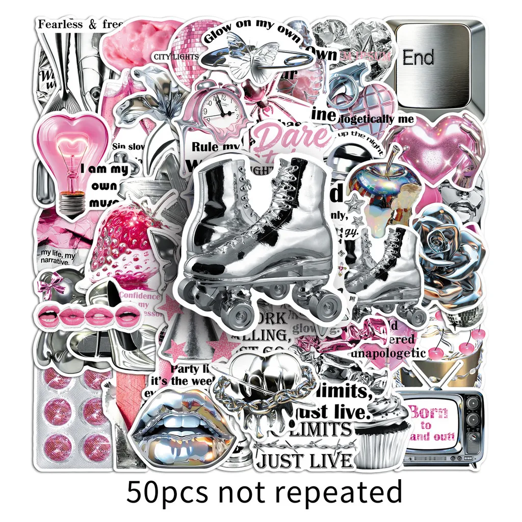 50 Sheets Y2K Silver Powder Series Stickers Korean High-end Aesthetic DIY Scrapbook Storage Box Decor Decals AnimeWorlds Store