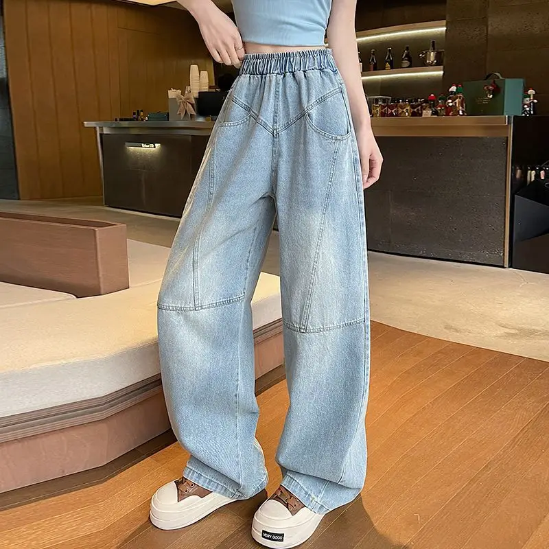 Vintage Mode Stil Frauen Denim Jeans Hohe Taille Tasche Kontrast Farbe Lose Breite Bein Hosen Übergroße Hosen