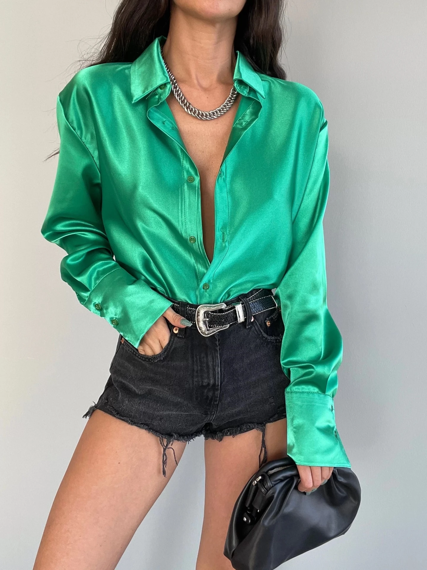 Ele Slim Fit Long Sve Button up Satin irt Women's Street Sle V Ne Pure Color Faionable Busin Casual Top