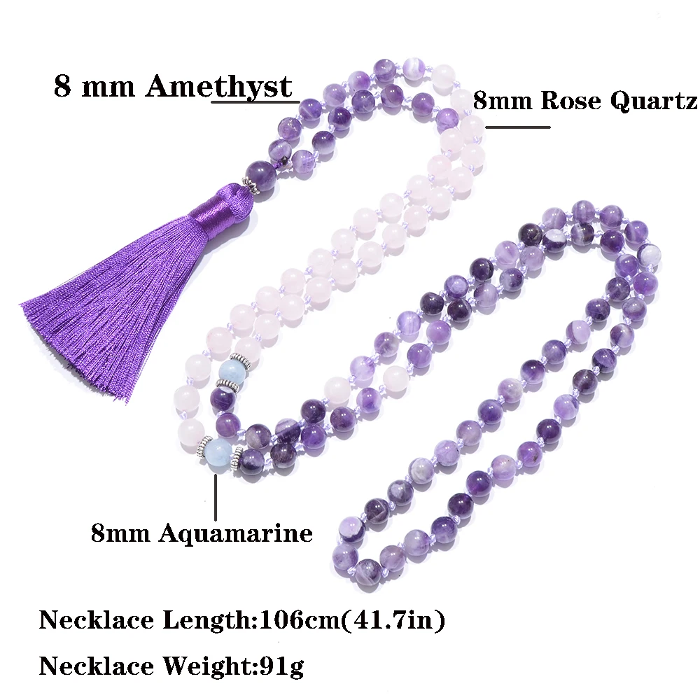 8mm Amethystal Rose Quartz Beaded Knot 108 Mala Necklace Meditation Yoga Prayer Jewelry Japamala Rosary for Women