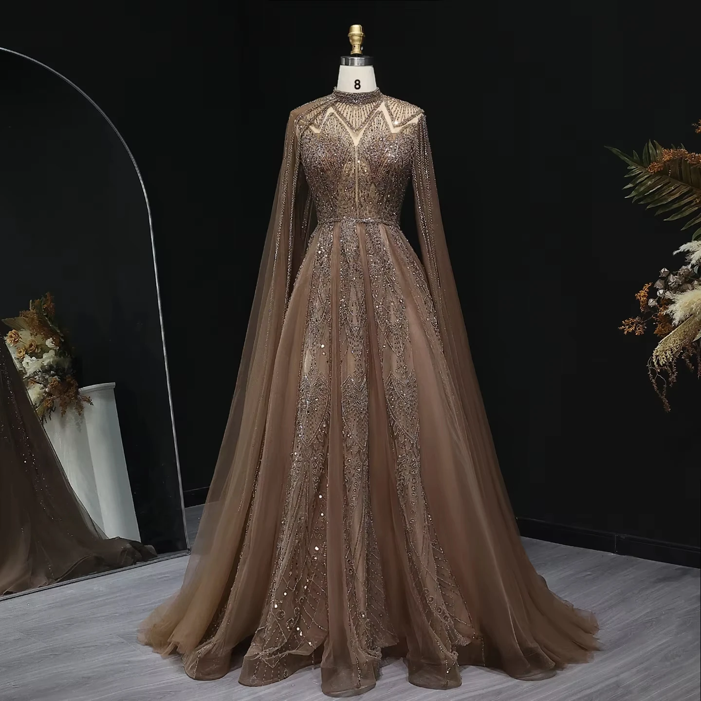 Luxury Dubai Pink Arabic Evening Dress With Cape Sleeves Brown Muslim Women Wedding Party Gowns Lsz050 Customized