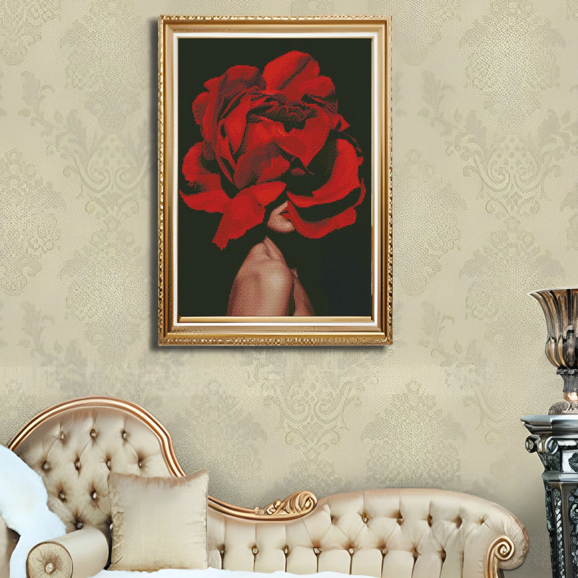 Cross Stitch Embroidery Kits Woman With Red Roses Thread Painting DIY Needlework Set Counted Printed on Canvas 11CT Decorate