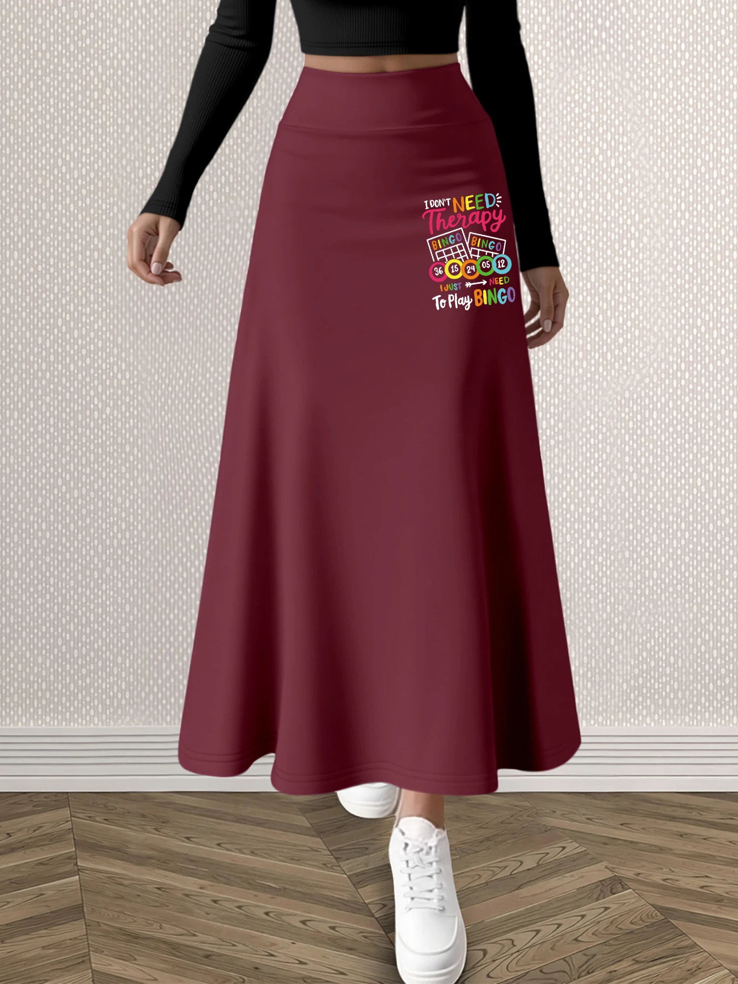 Women High Waist Flared Maxi Skirt Bingo Therapy Print Casual A-Line Long Skirt