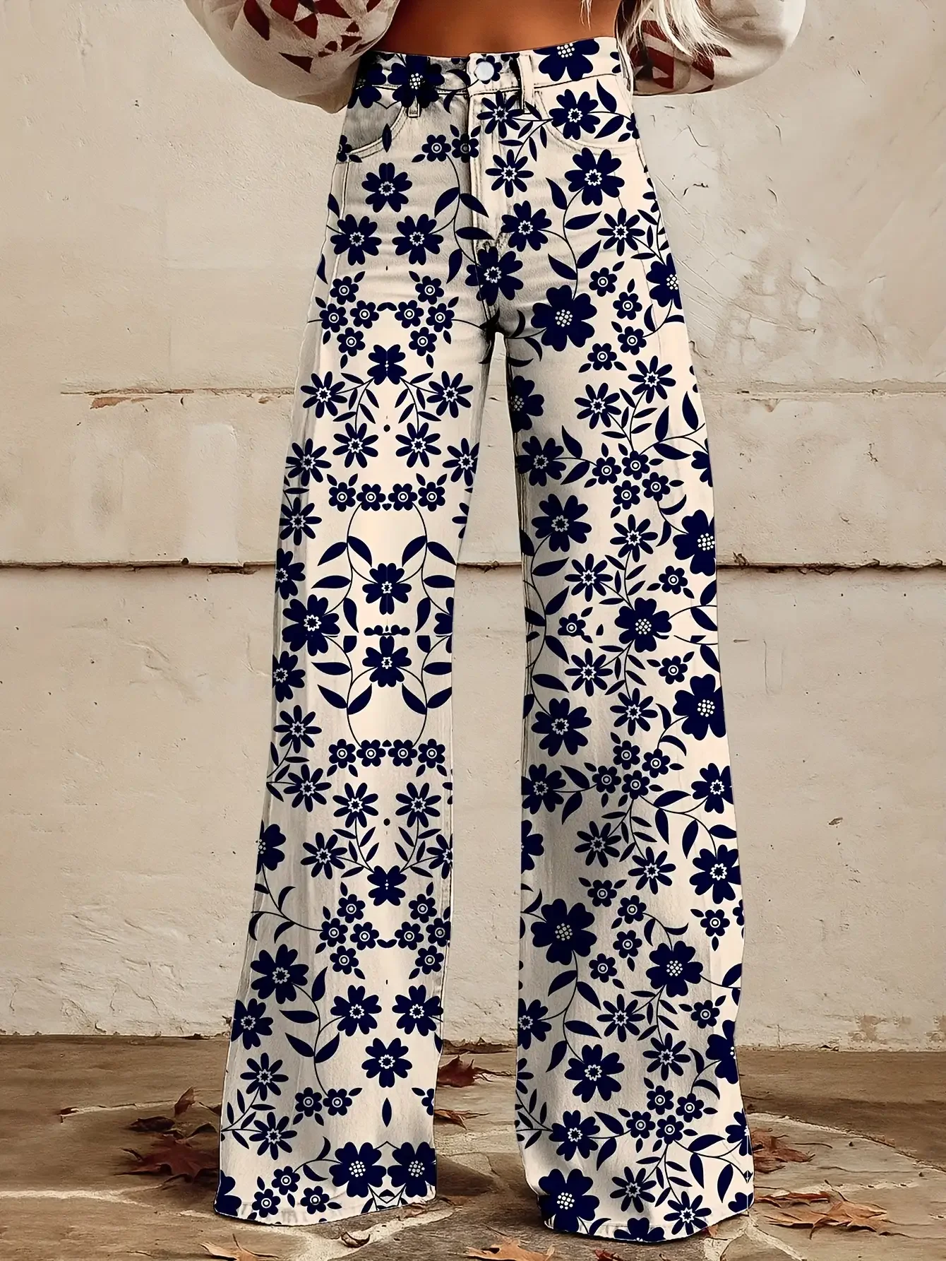 Fashionable and casual 3D printed loose high waisted flared pants imitating denim fabric