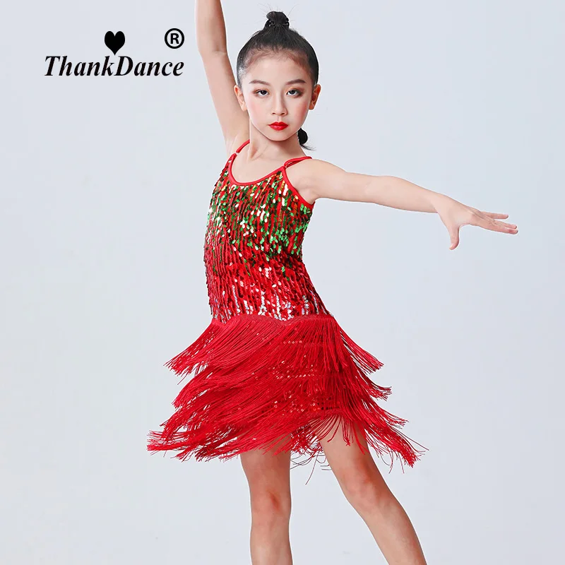 

Children Girl Ballroom Dancing Dresses for Girls Sequin Fringe Dress Kids Salsa Cha Cha Tassel Latin Dance Costumes