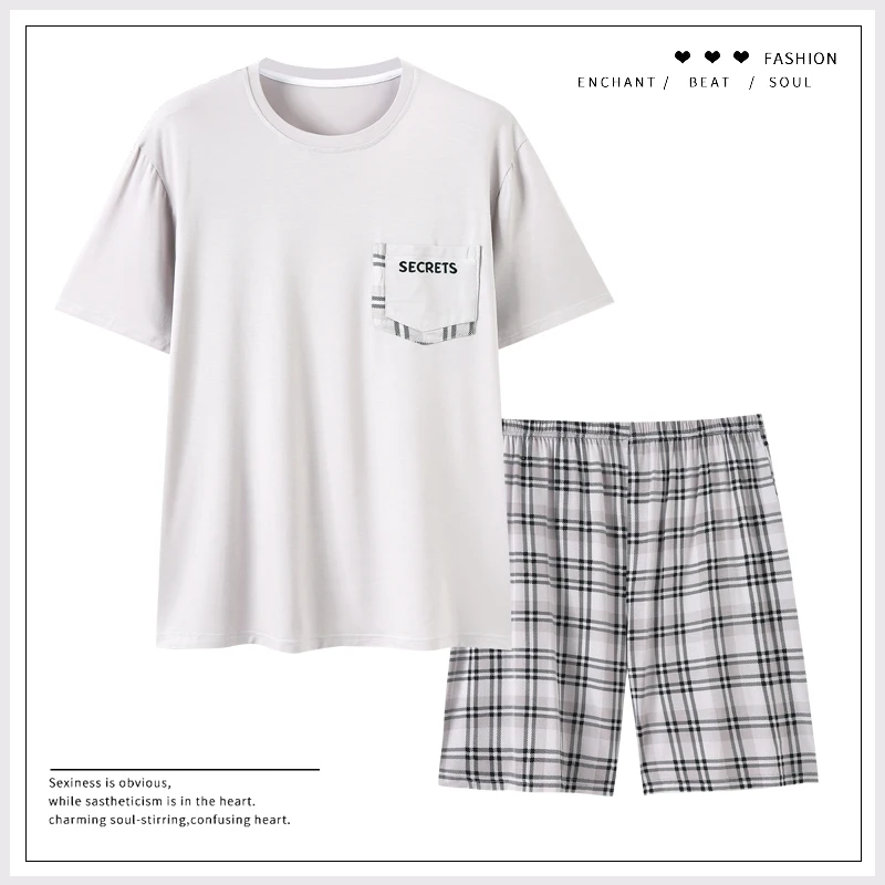 Pijamas de Modal suave de verano para hombre, Tops para dormir con estampado a cuadros de talla grande de L-3XL de alta calidad, conjunto de pijama, pantalones cortos elásticos, ropa de casa, Pjs