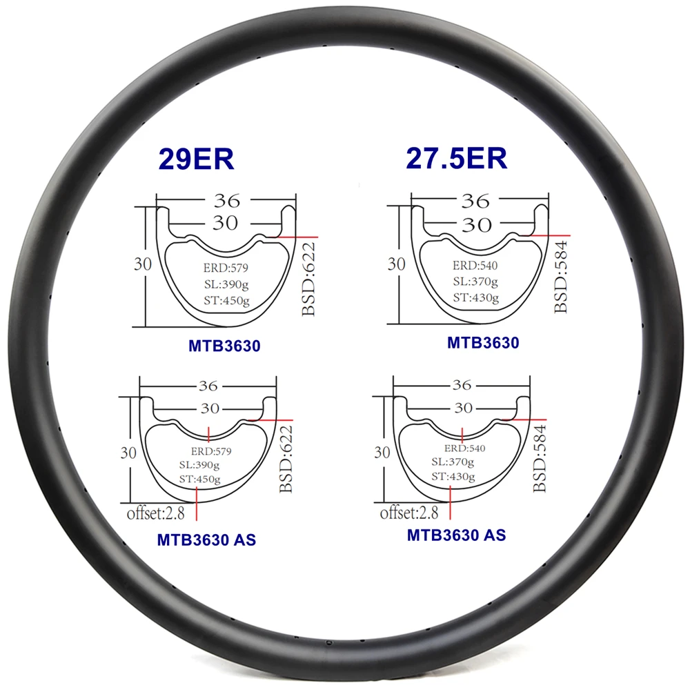 BIKEDOC 330g Asymmetr Super Light Bicycle Rim 29er Carbon Rims 36mm Width 30mm Depth MTB Rim Hookless Tubeless XC Carbon MTB Rim