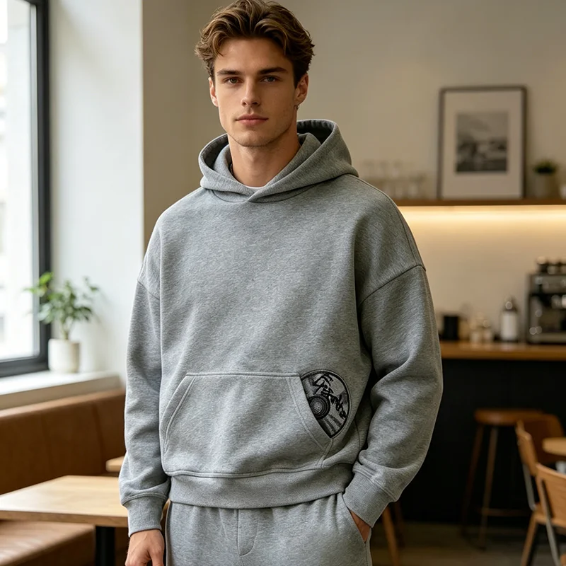 Spring New Street Trendy 3D Embroidered Pattern Hoodie Pants Set Y2K Solid Color Versatile Two Piece Set for Couples