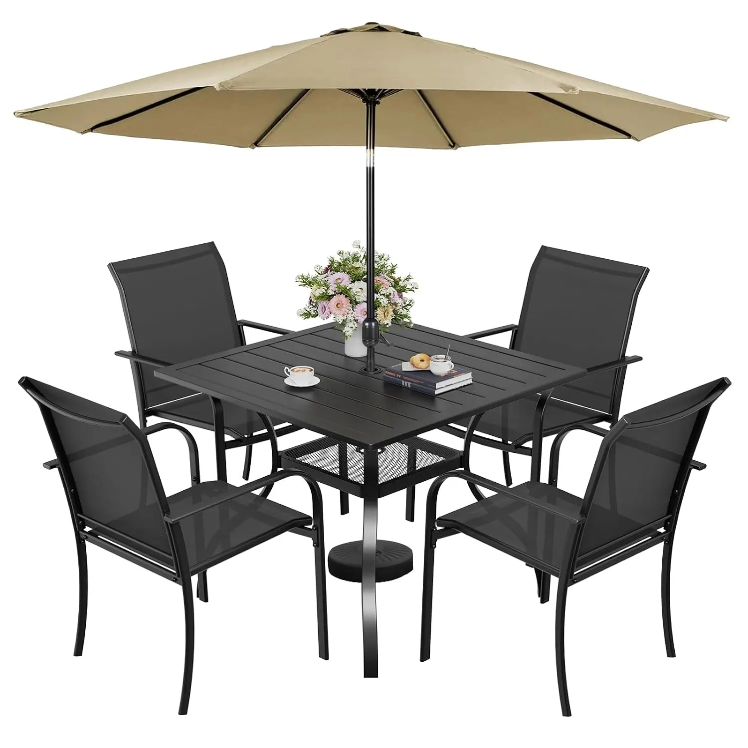 5-Piece Patio Dining Set with Umbrella,4 Person Outdoor Table and Chairs Set, 4 Metal Dining Chairs and Square, Customized