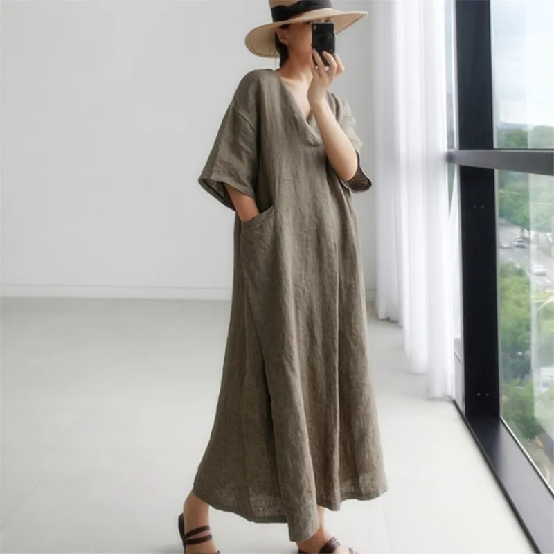 New 2023 Female Fashion Half Sleeves V Neck Solid Color Cotton Linen Elegance Splicing Regular Loose Dresses Office Lady