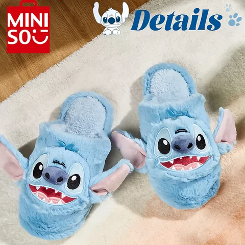 Miniso Stitch Disney Cotton Slipper Anime Cartoon Winter Warm Indoor Shoes Toys Plush Stuffed Home Large Size Slippers Unisex