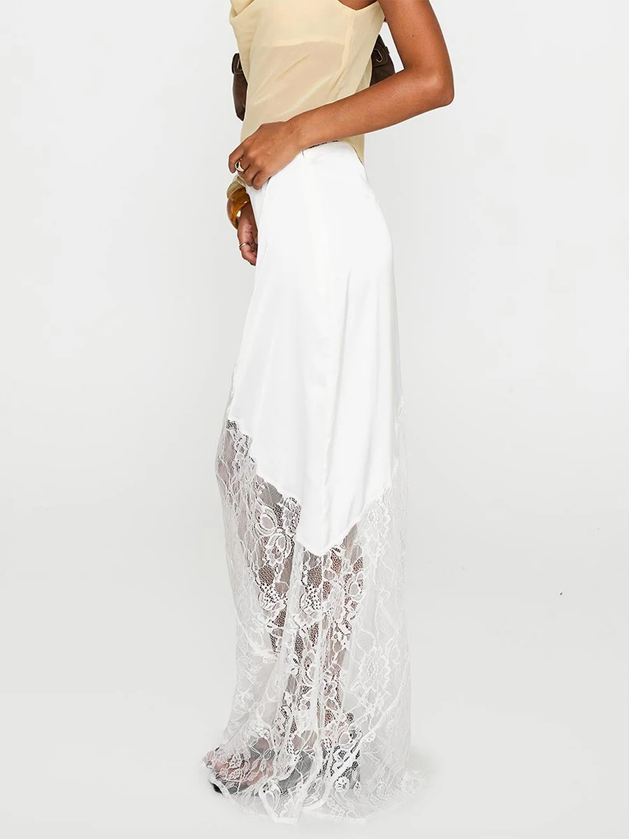 Women Sheer Lace Patchwork Skirt Sexy High Waist See Through Straight Long Skirts Y2K Stain Mesh Beach Vocation Cover-ups