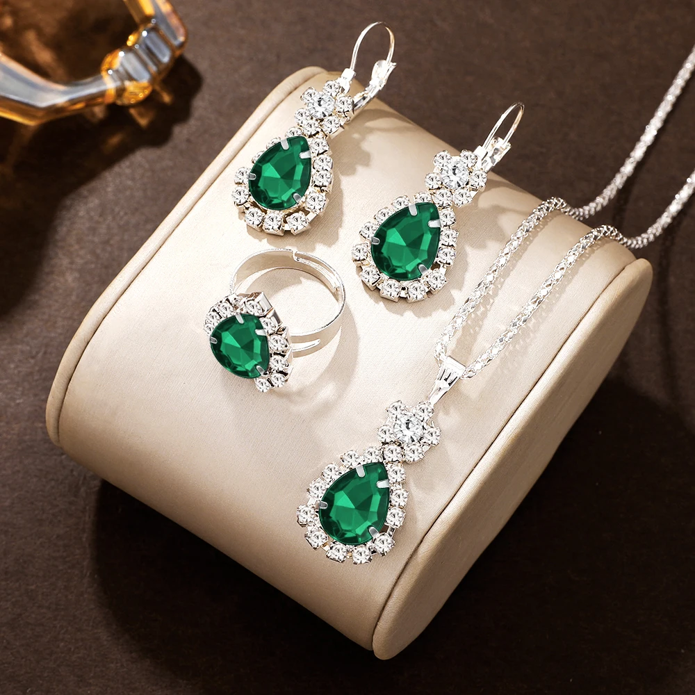4pc Teardrop Crystal Pendant Necklace Earrings Set