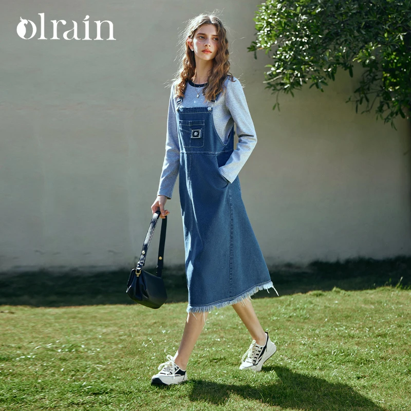 

OLrain Women's Dresses Sets Autumn 2026 New Knit Spliced Long Sleeve T-shirt Behind Slit A-line Denim Strap Dress G24CE89966