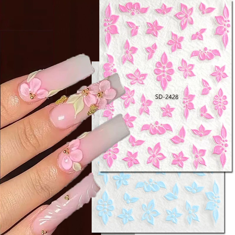 

5D Embossed Nail Art Decals Pink Blue White Elegant Petals Flowers Adhesive Sliders Nails Stickers Decorations For Manicure