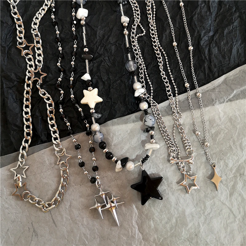 Kpop Goth Vintage Cool Y2K Star Pendant Beaded Silver Color Chain Necklace For Women Men Aesthetic Grunge EMO Jewely Accessory