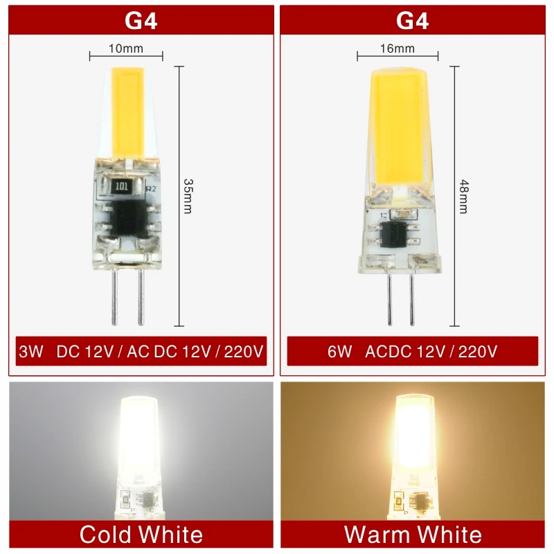 4pcs/lot G4 G9 E14 LED 3W 6W Light Bulb AC/DC 12V 220V LED Lamp COB Spotlight Chandelier Replace Halogen Lamps Cold/Warm white