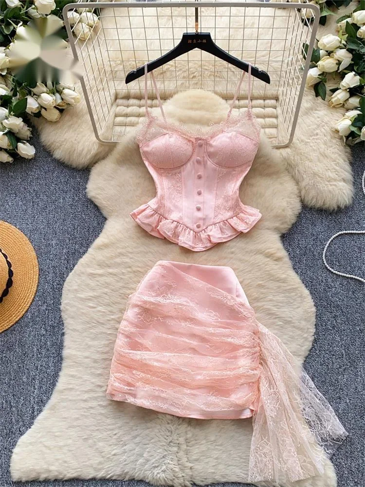 

Sequined Birthday Party Suit Ladies French Ruffle Lace Camisole+Mesh Splice Mini Skirt Satin Hotsweet Luxury 2Pcs Sets