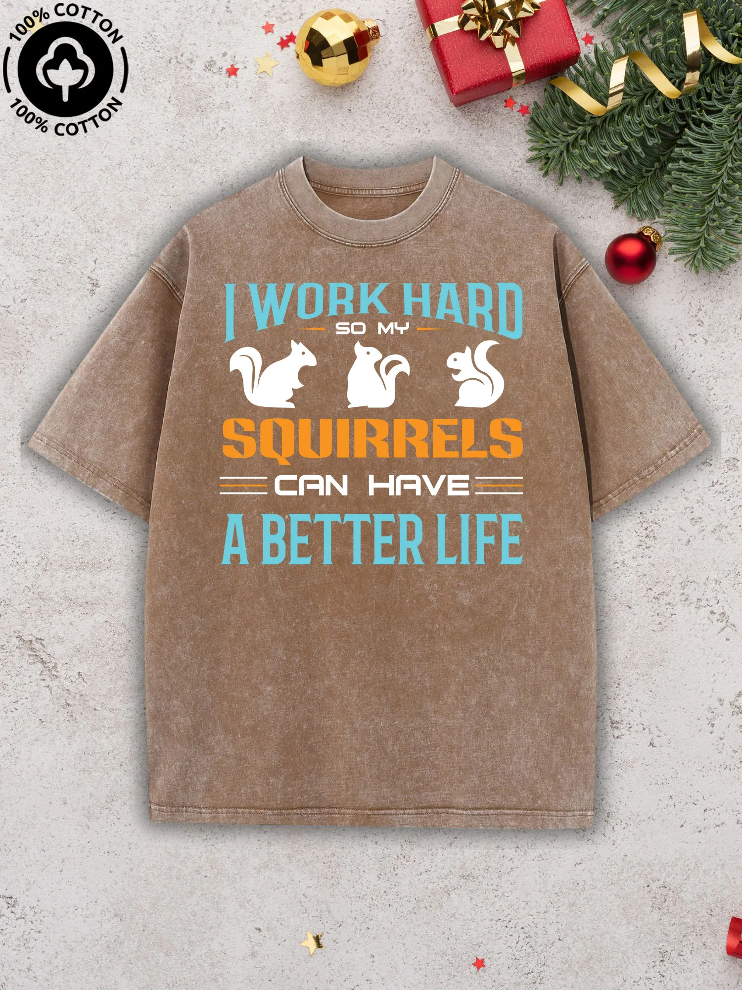 

Work Hard For Squirrels' Better Life Men's Graphic Tee, Pure Cotton Vintage Camel T-Shirt, Retro Street Drop Shoulder Tee