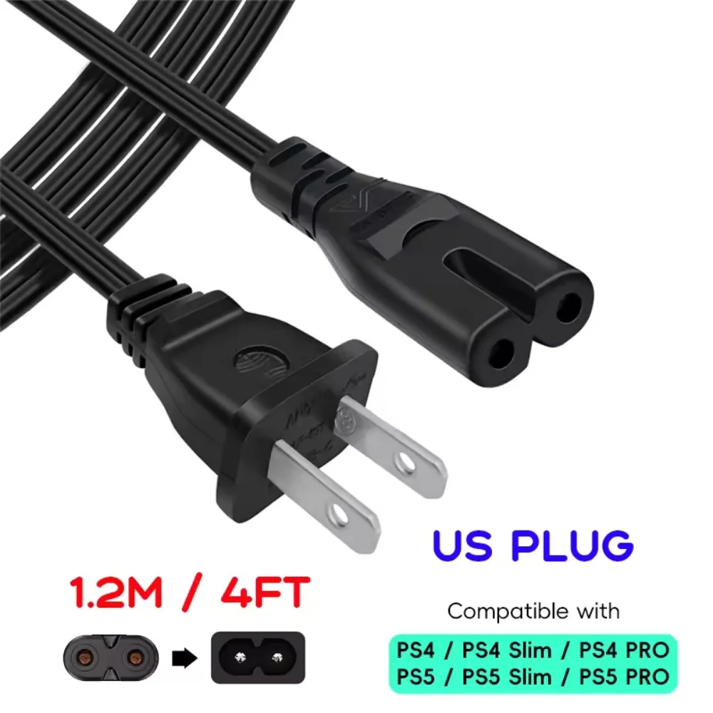 EU/US Power Supply Cable for PS5 PS4 Xbox Speaker Monitor 2-Prong AC Power Supply Cable Extension Cord for Samsung TV Computer