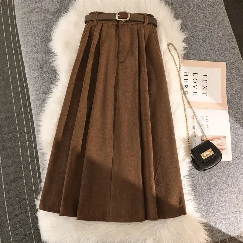 Retro Belt Corduroy Midi Skirt Women High Waist Pleated A Line Skirt Female Fall Winter Streetwear Korean Chic Long  Faldas New