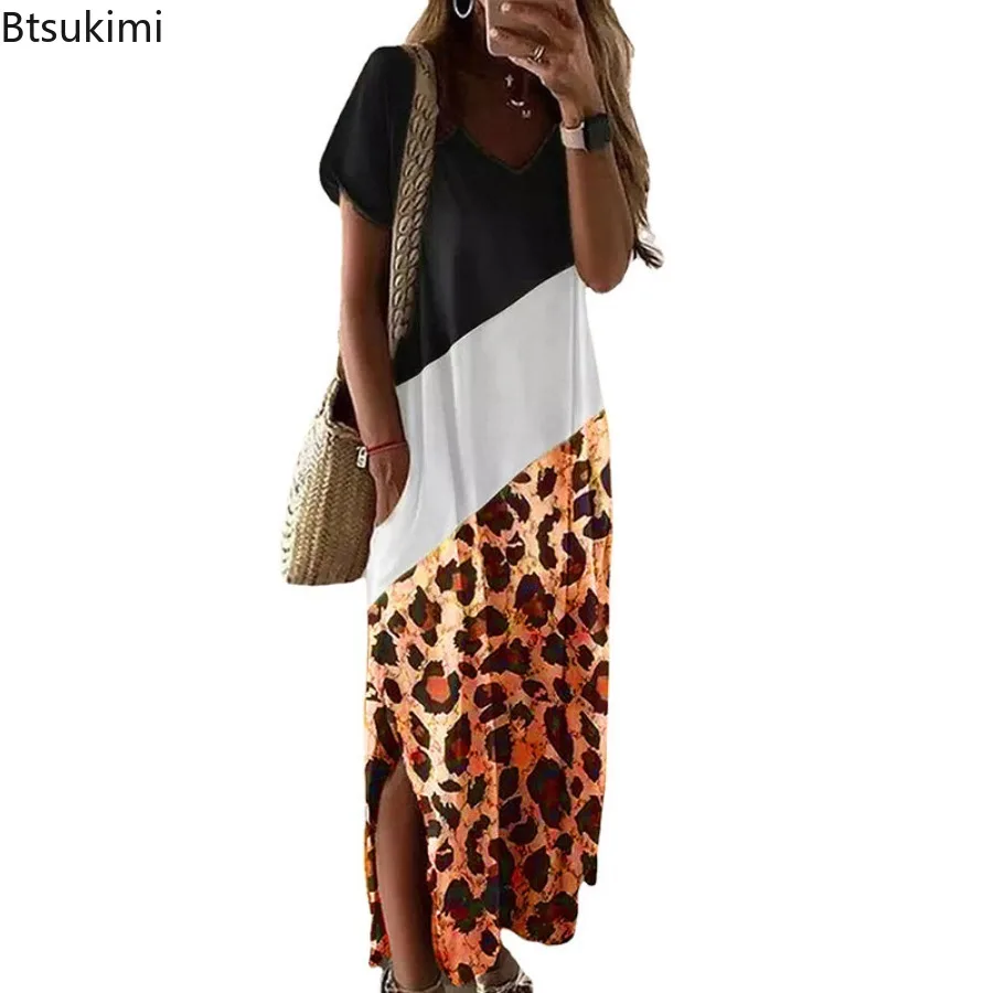 2024 mode Leopard Farbe Block Lose Beiläufige Maxi Kleid frauen Sommer Kurzarm Side Split Design V-ausschnitt T-shirt Langes kleid