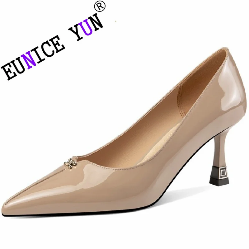 【EUNICE YUN】Women Brand Genuine Leather Pointed Toe Thin High Heel Fashion Shallow Pumps Ladies Spring Autumn Shoes 33-43