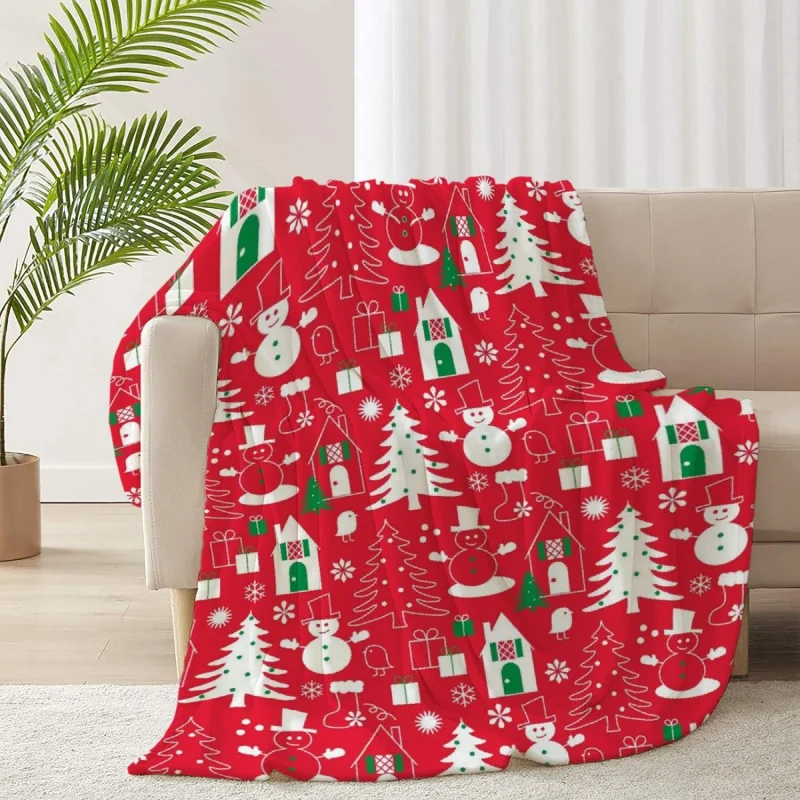 Christmas House Snowman Tree Print Fleece Flannel Blankets Lightweight Plush Microfiber Bedding Throw for Couch and Bed