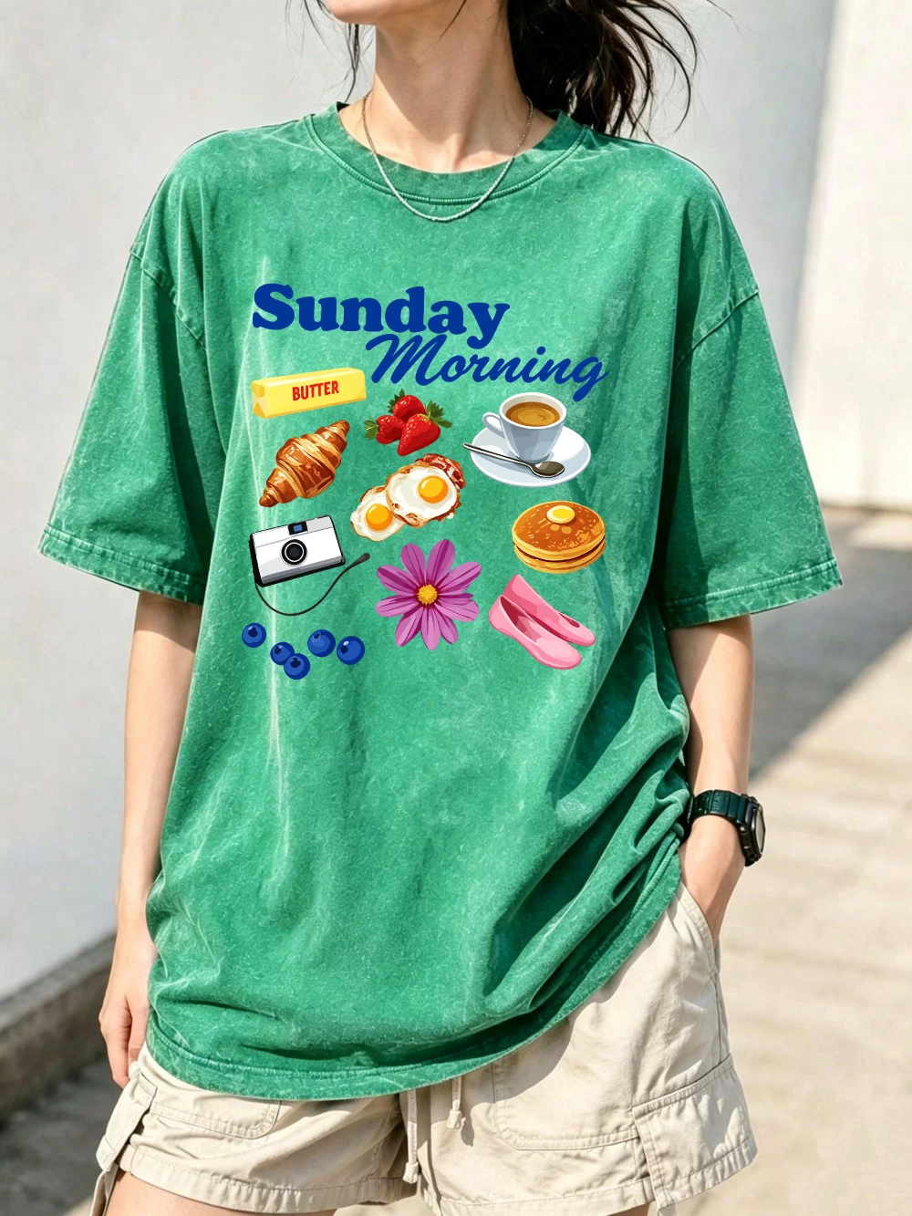 Sunday Morning Food Cotton Washed T-Shirts Womens Summer Oversized Tops Casual O-Neck Distressed T Shirt Street Womans Clothes