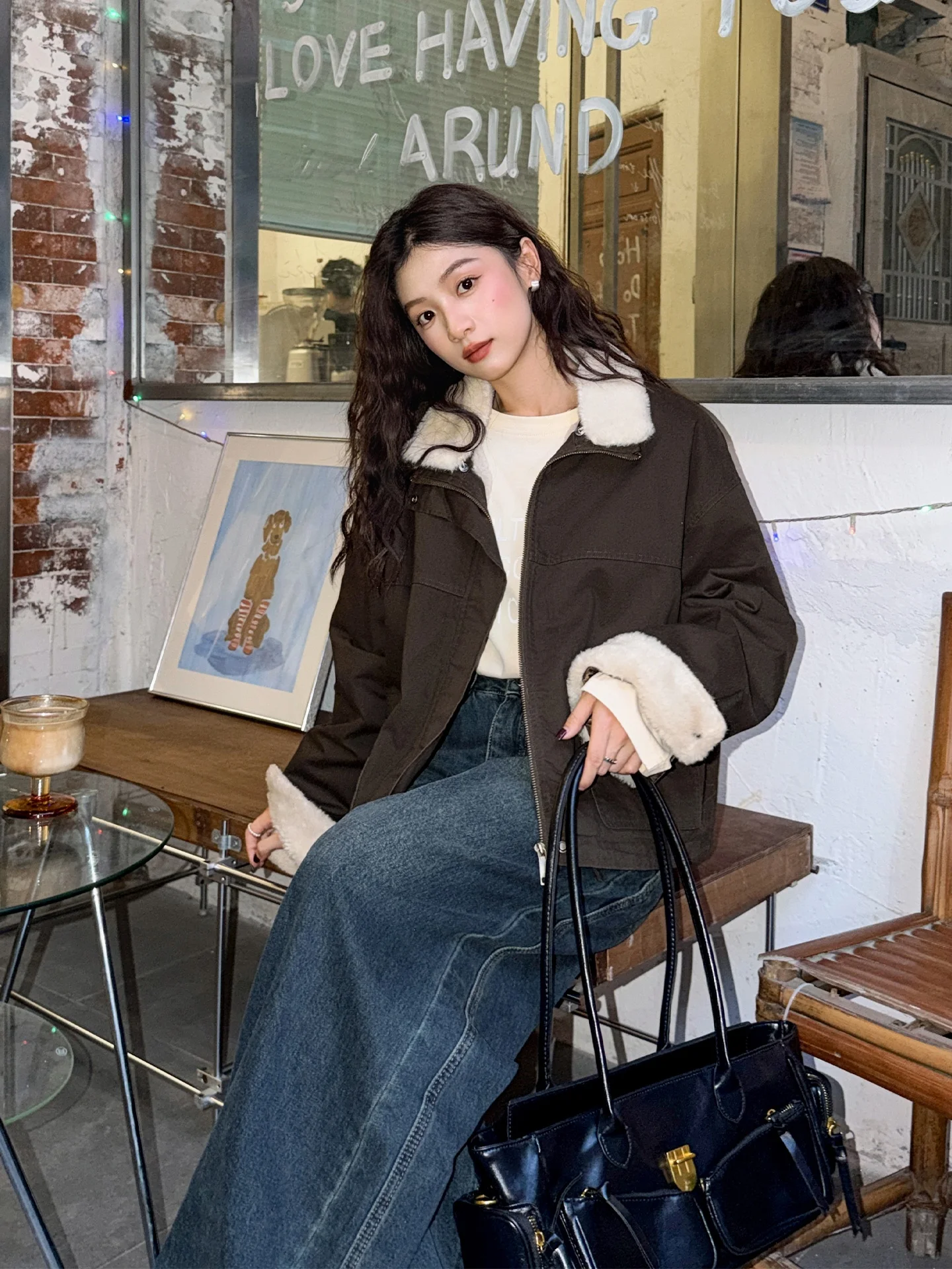 

Thiened Lamb Fur Collar ort Jaet Loose Versatile Coffee Color Women's Warmth Outerwear Retro Sle Long Sve Zipper C...