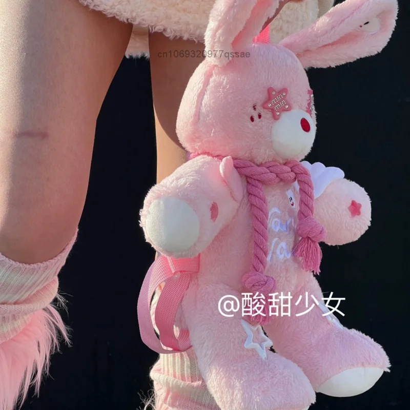 Y2k Homemade Cute Pink Fuzzy Bunny with Star Eyes for Girls Trendy Punk Style Plush Mini Backpack Embroided Sweet Hemp Rope Doll