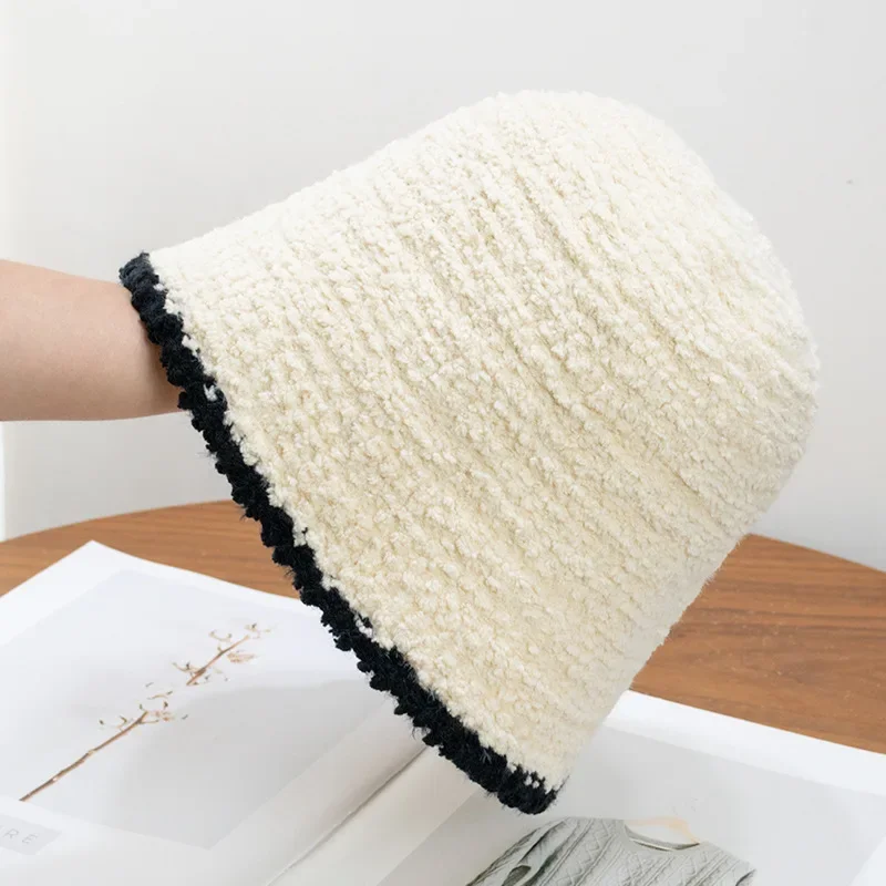 Lamb Fleece Wool Bonnet Cap Women Winter Warm Thick Knitted Hat Panama Fisherman Cap Bucket Hats for Women Шапки Женские Зимние