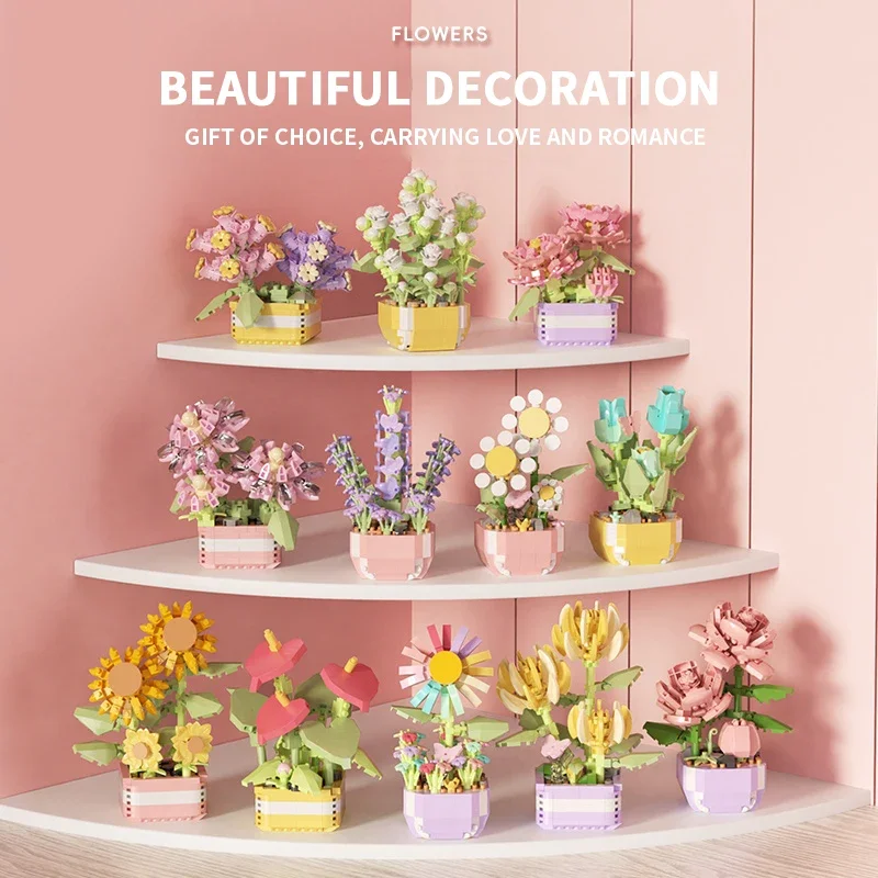 Bloem Vetplanten Bouwstenen Eeuwige Bloem Bonsai Boom Tuinen Romantische Bakstenen DIY Potplanten Model Kids Kits Speelgoed