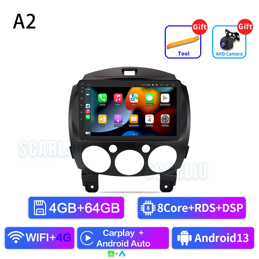SCARLIU voor Mazda 2 2007-2014 Multimedia Video Player 4G WIFI GPS Navigatie Carplay DVD Head Unit 2 Din Android 16 Autoradio