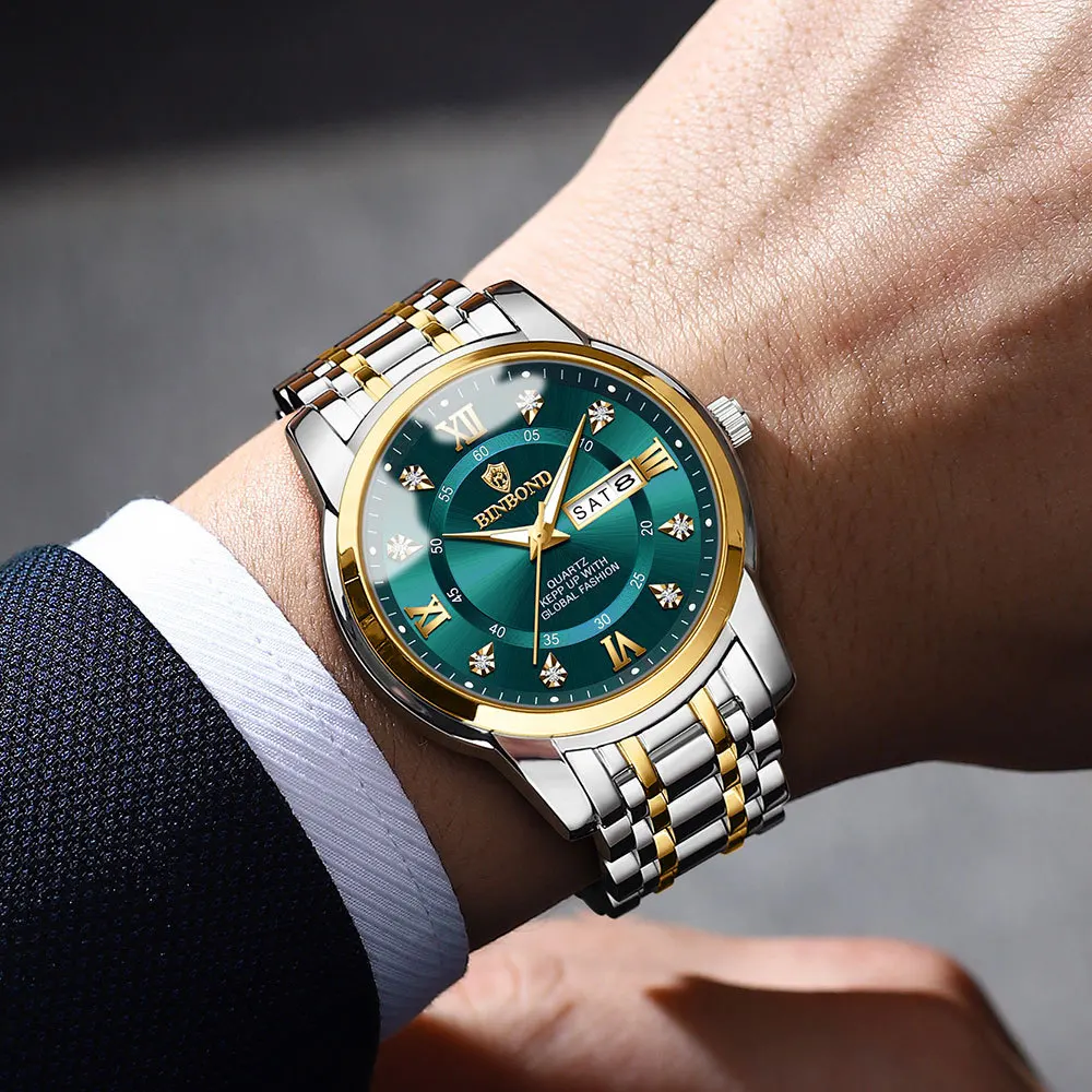 ของแท้นาฬิกาผู้ชายกันน้ำธุรกิจปฏิทินคู่เพชรเหล็กผีเสื้อปุ่มชายแฟชั่นนาฬิกาควอตซ์