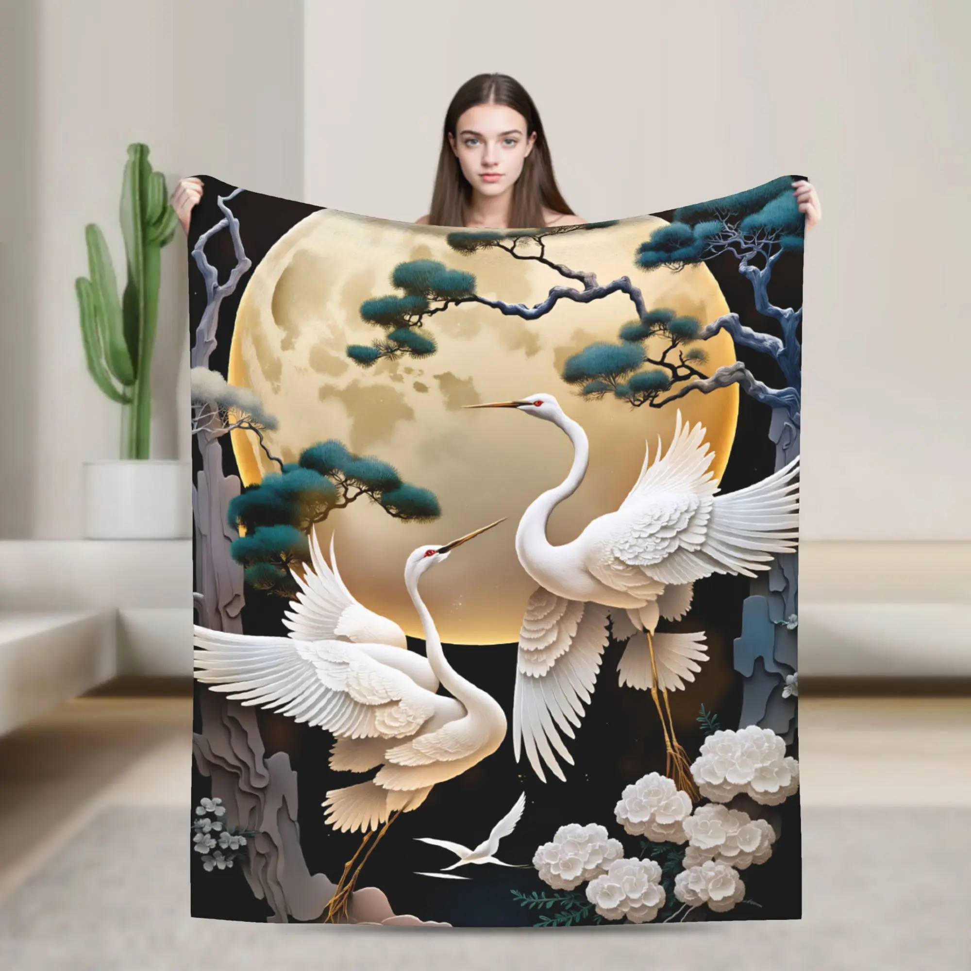Chinese Style Crane Plush Blanket Children  Flannel Throw Blanket For Living Room Super Warm Custom DIY Quality Bedspread Gift