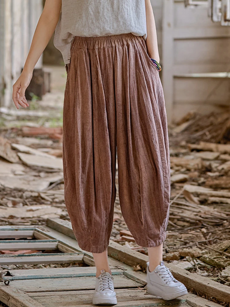 

High Quality Cotton Linen Calf-length Pants Women New Arrival 2025 Summer Vintage Style Tie Dye Loose Female Casual Pants T601