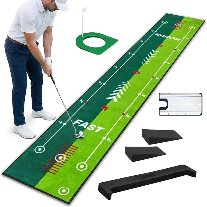 Golf Putting Mat with Alignment Mirror and Two-Speed Practice Surface 20x10 ft Indoor/Outdoor Anti-Slip Backing