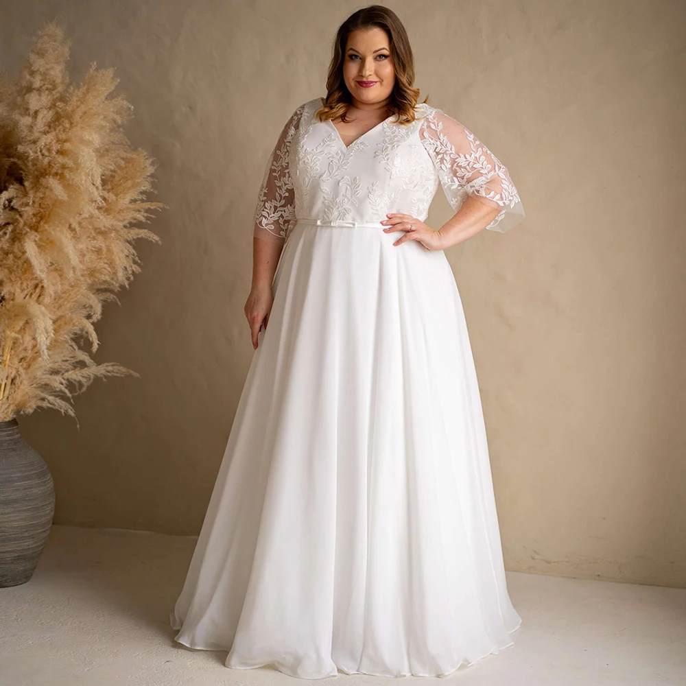 

Romantic A-Line Chiffon Plus Size Wedding Dress with Appliques Lace Half Sleeves V-Neck Women Civil Briidal Gowns Customized